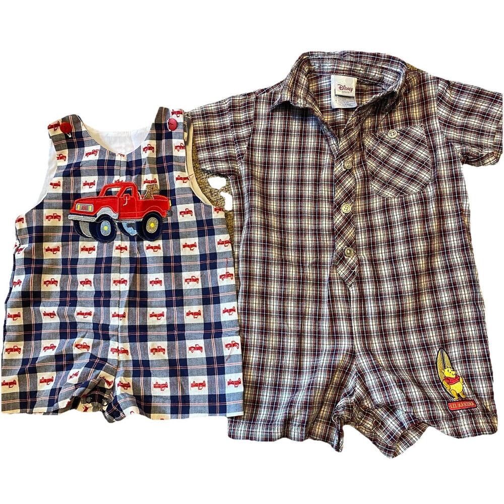 Disney Boys Blue Red Plaid Truck One-Piece Bodysuit Set